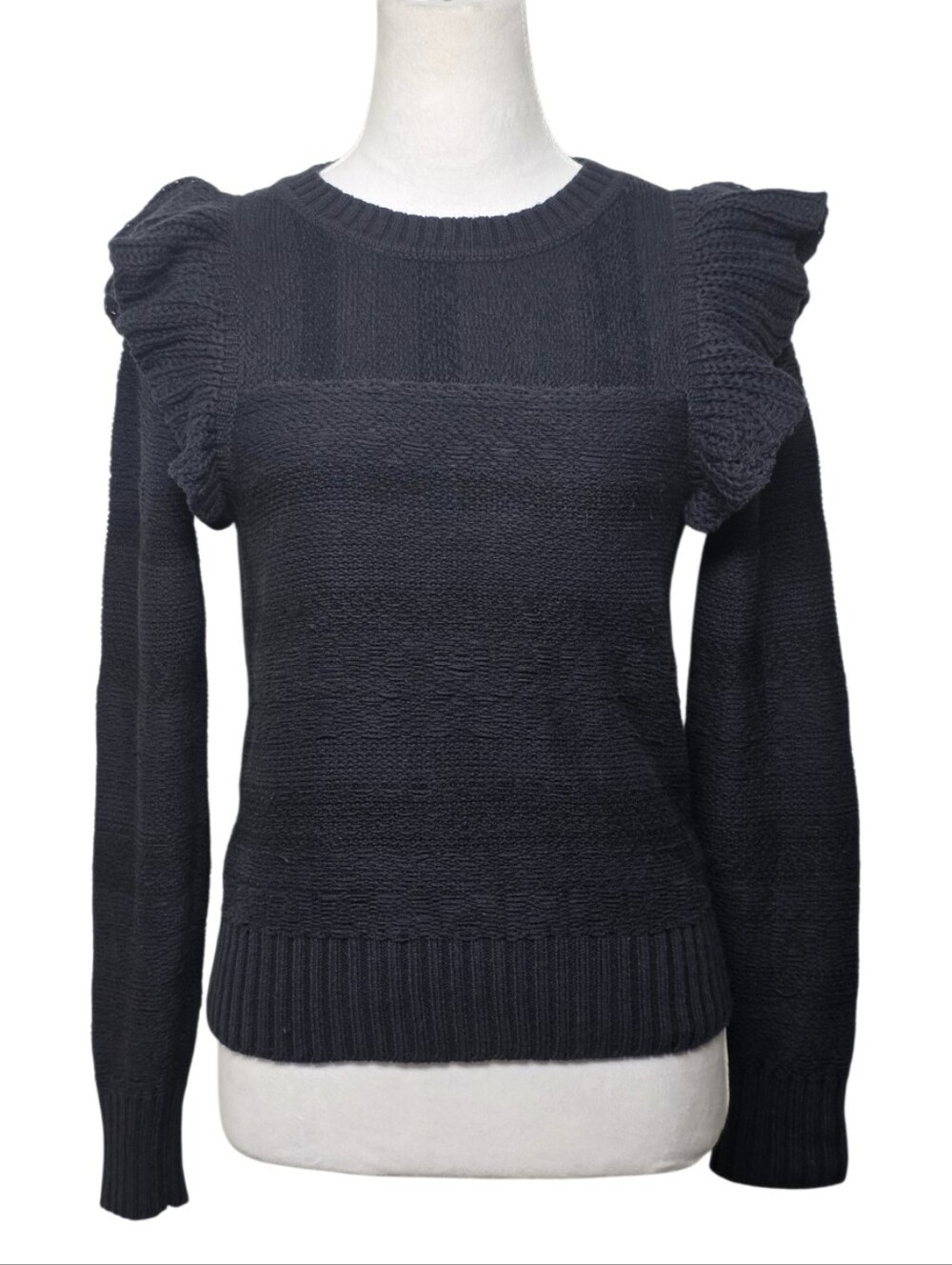 Pilcro Black Ruffled-Shoulder Crewneck Sweater Size XS